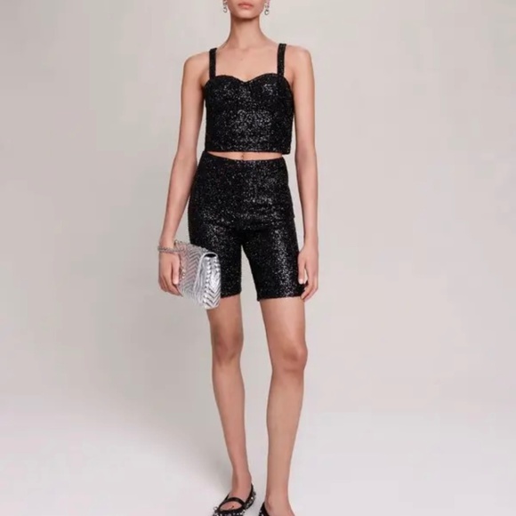 MAJE Black Glittery Cycling Shorts 38/6  Sparkly Bustier Size 2/Medium - Picture 1 of 14